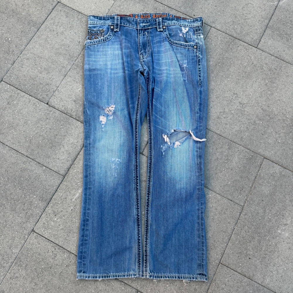 Rock Revival Billy Straight Distressed Jeans Mens 38 Blue Denim Y2K Fleur De Lis